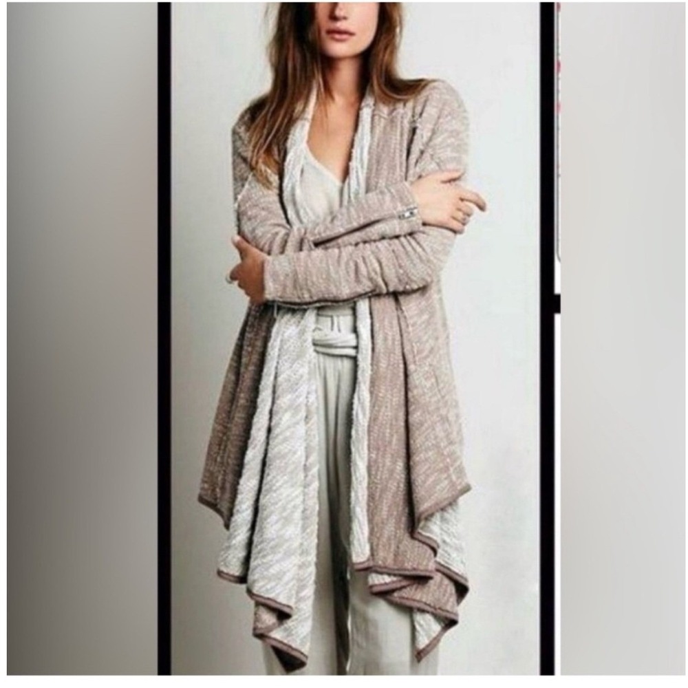 Free People Marled Tan‎ Draped Open Front Cardigan Zipper Cuffs Small OB418833